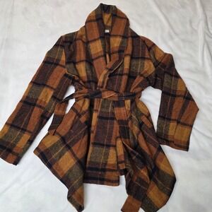 Keren Hart Plaid Asymmetrical Wrap Coat Women's Size L Wool Blend Brown EUC